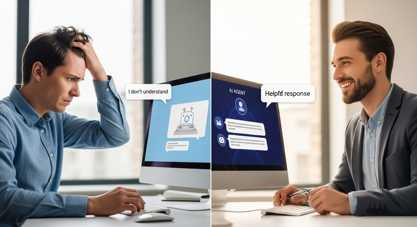 Cliente frustrado con chatbot básico vs cliente satisfecho con agente de IA