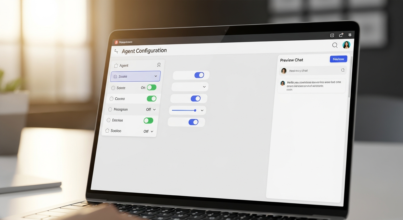 Laptop mostrando panel de configuración del agente con opciones de personalización