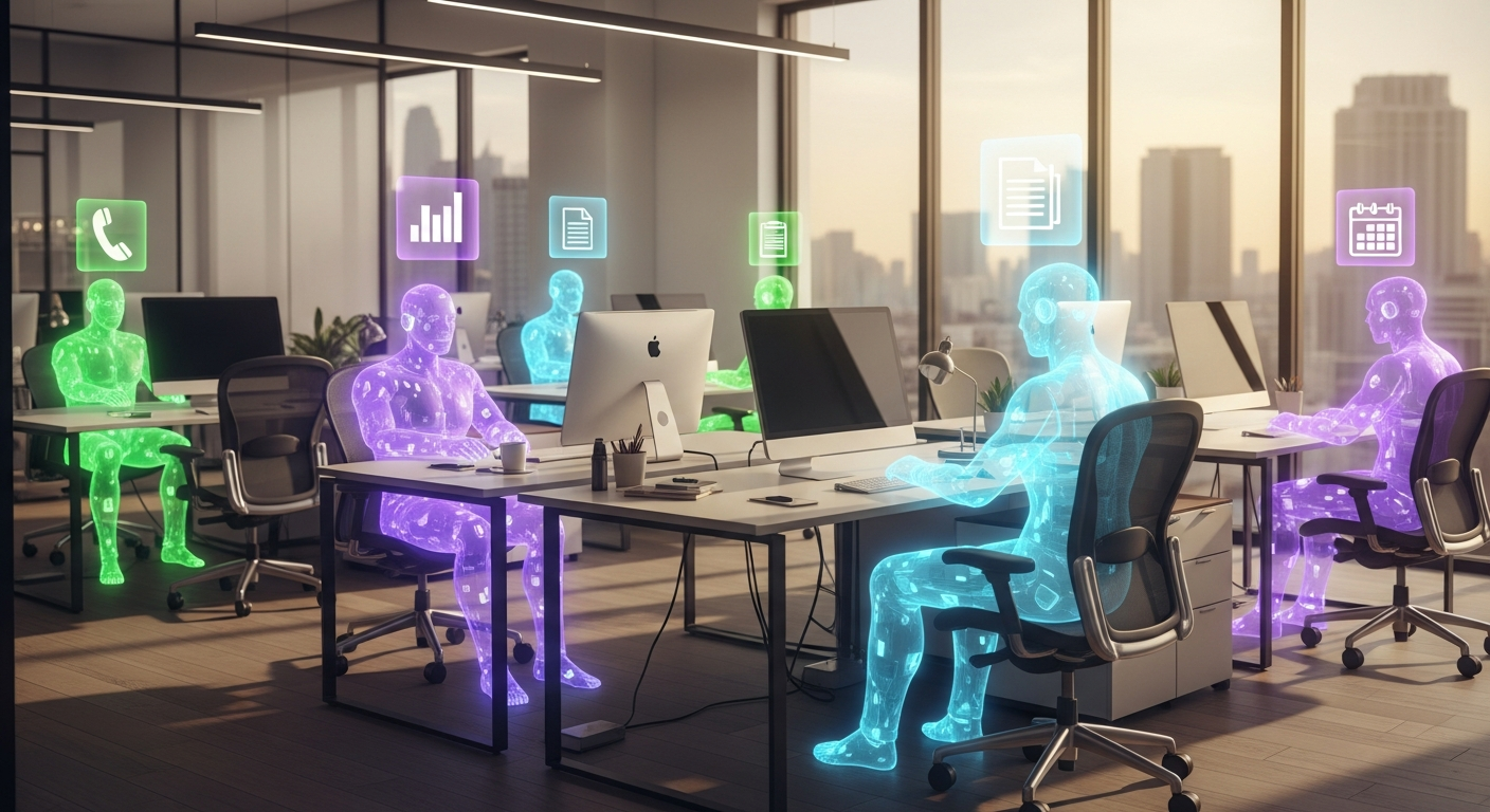 Múltiples avatares de IA en estaciones de trabajo con íconos de tareas especializadas