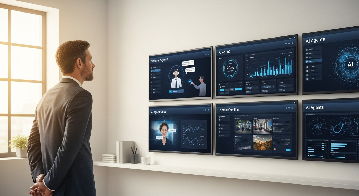 Dueño de negocio frente a pantallas donde cada agente de IA gestiona un área diferente