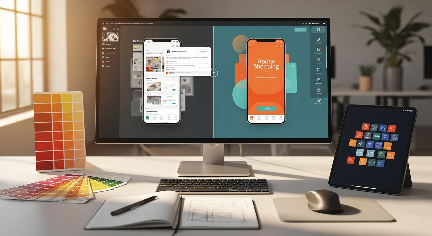 Escritorio de disenador con mockups de interfaz de usuario modernos