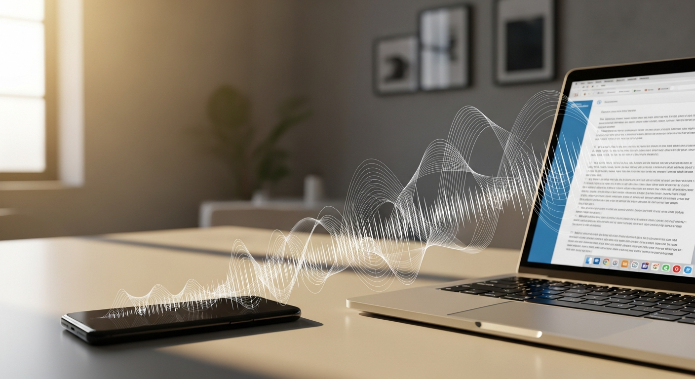 Ondas de sonido transformandose en texto digital sobre fondo tecnologico